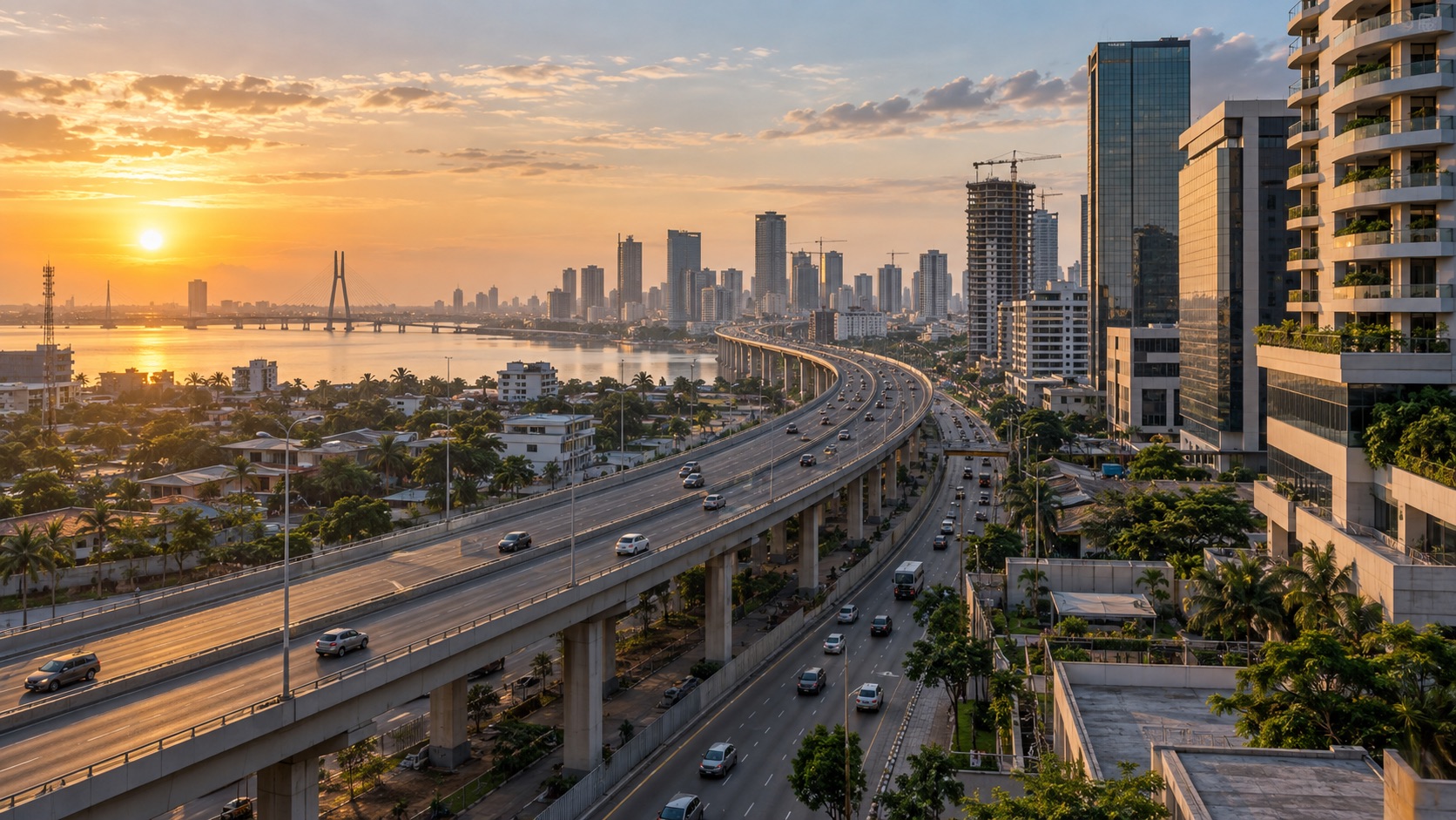 Lagos transport and commercial infrastructure at sunrise