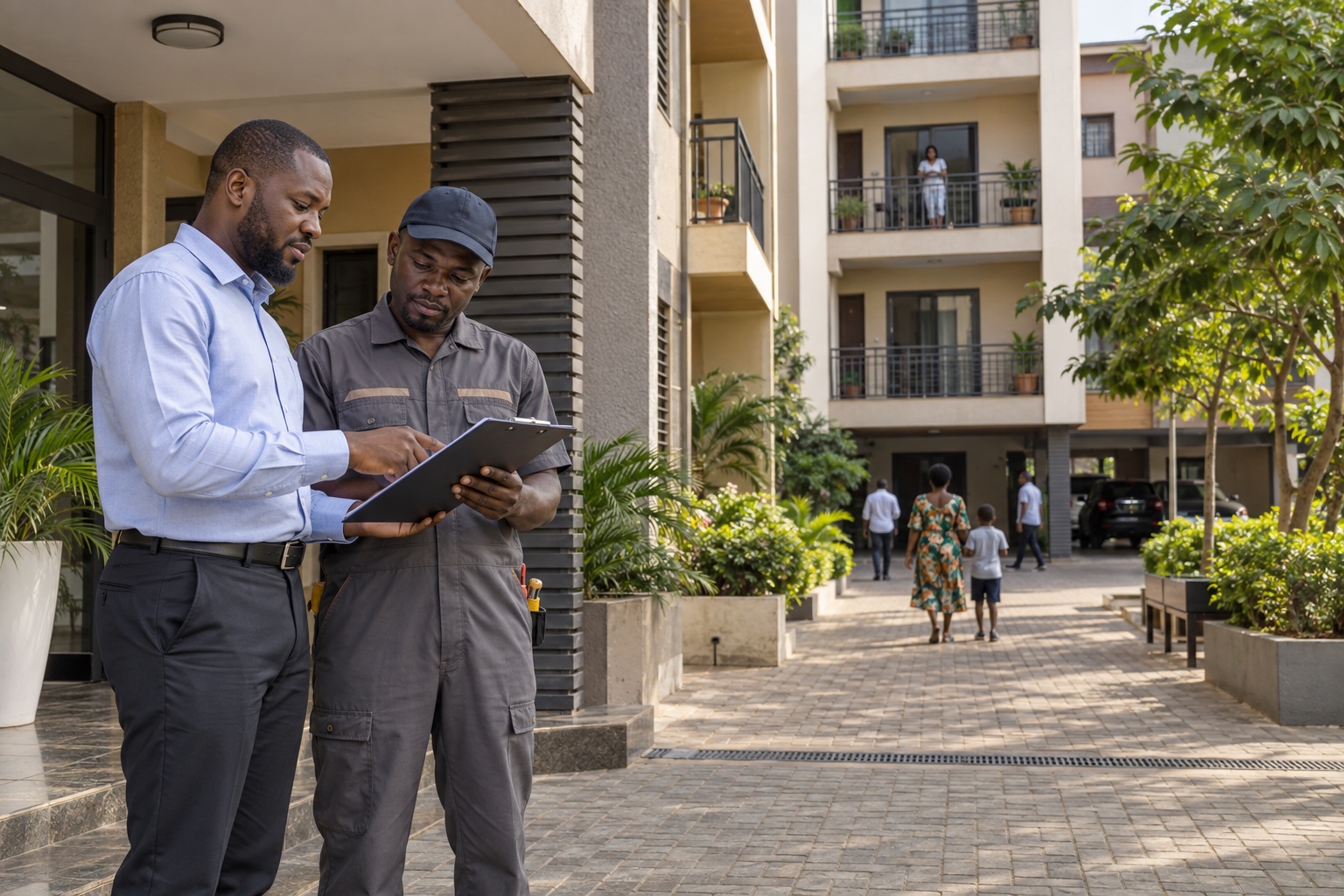 A property manager and technician reviewing maintenance at an occupied development