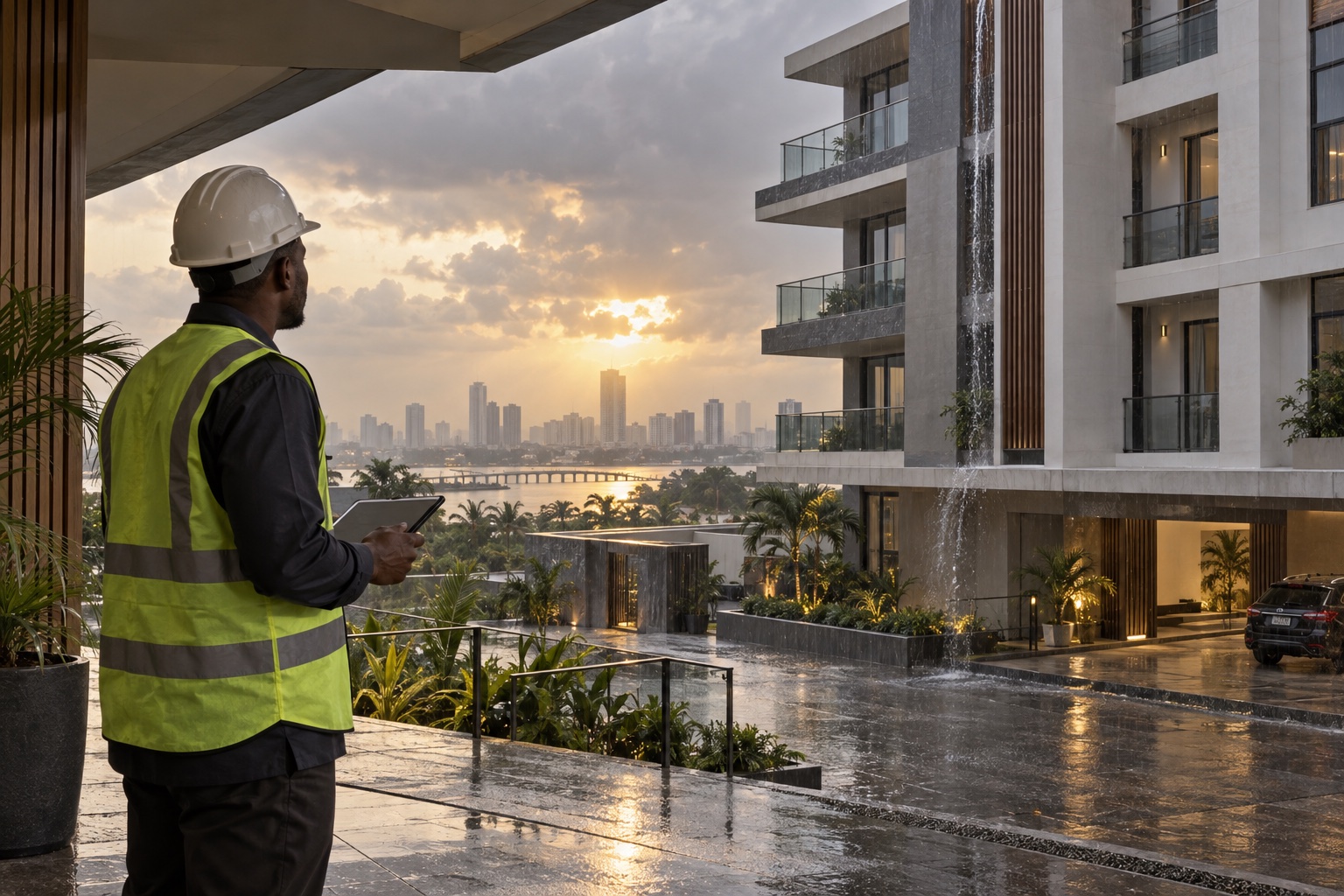 A building engineer inspecting a Lagos property during tropical rain